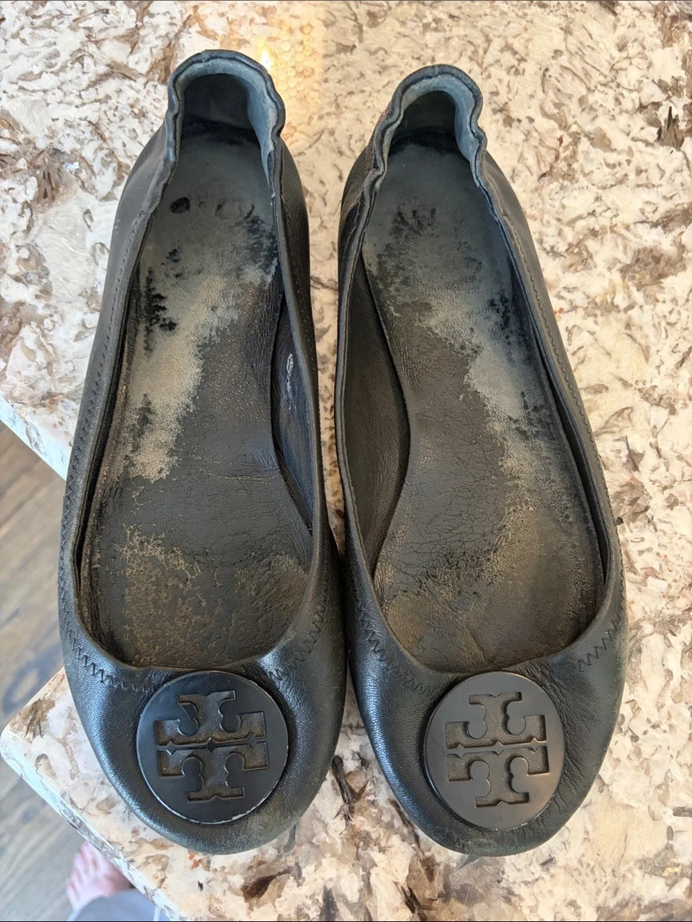 Tory Burch Black Leather Logo Ballet Flats